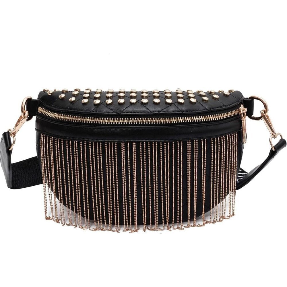 💫 Glt.etl Faux leather Fringe Women Black Quilted Rivet Studded Waist Pack